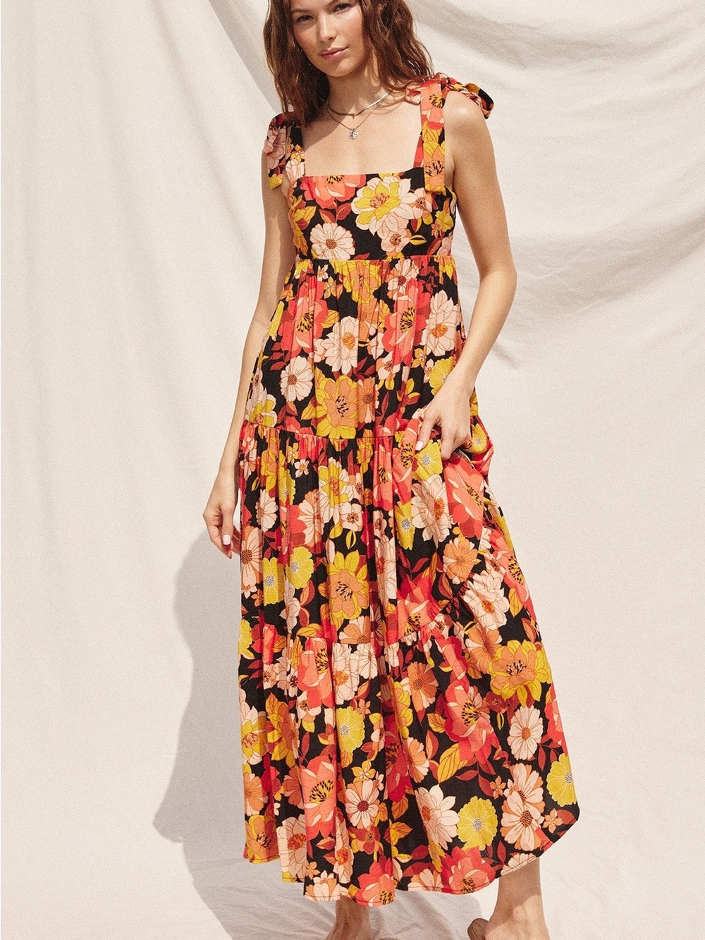 Floral Tie-Shoulder Maxi Dress in Black with Coral & Yellow Flowers